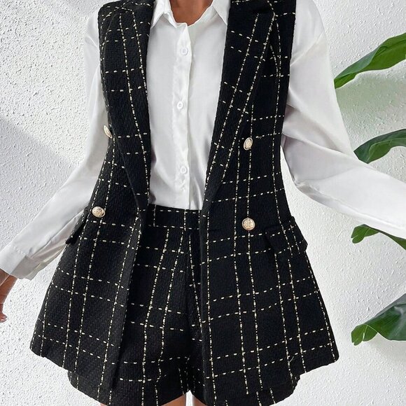 Fall Stylish Plaid Double Breasted Tweed Vest Blazer & Shorts - Picture 7 of 8